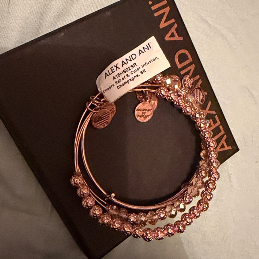 NEW SET Alex and Ani Cheers Charm Bracelet Rose Gold GIFT BOX CHAMPAGNE BEAD NWT - Picture 11 of 12
